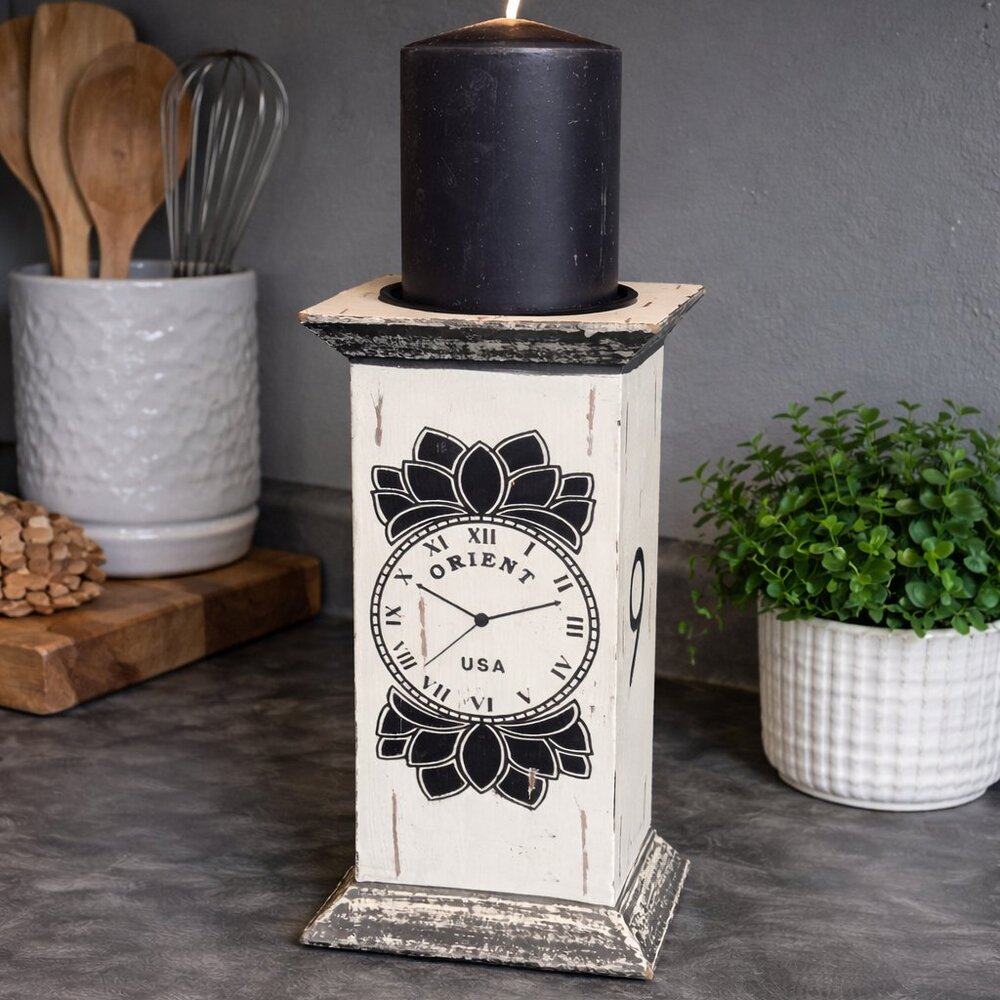 Shabby Chic Distressed Square Shaped Pillar Candle Stand